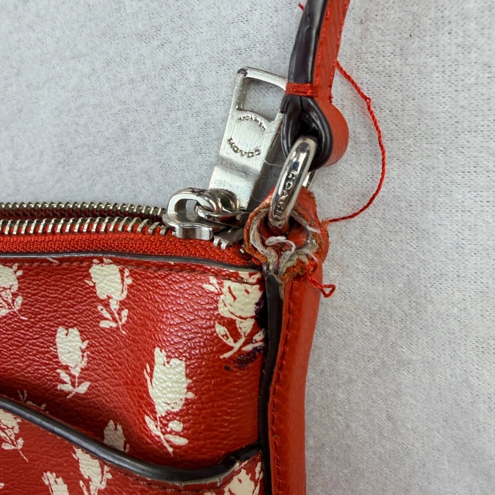 Coach East West Red Floral Rose Print Leather Crossbody Bag Silver Hardware - Picture 2 of 8